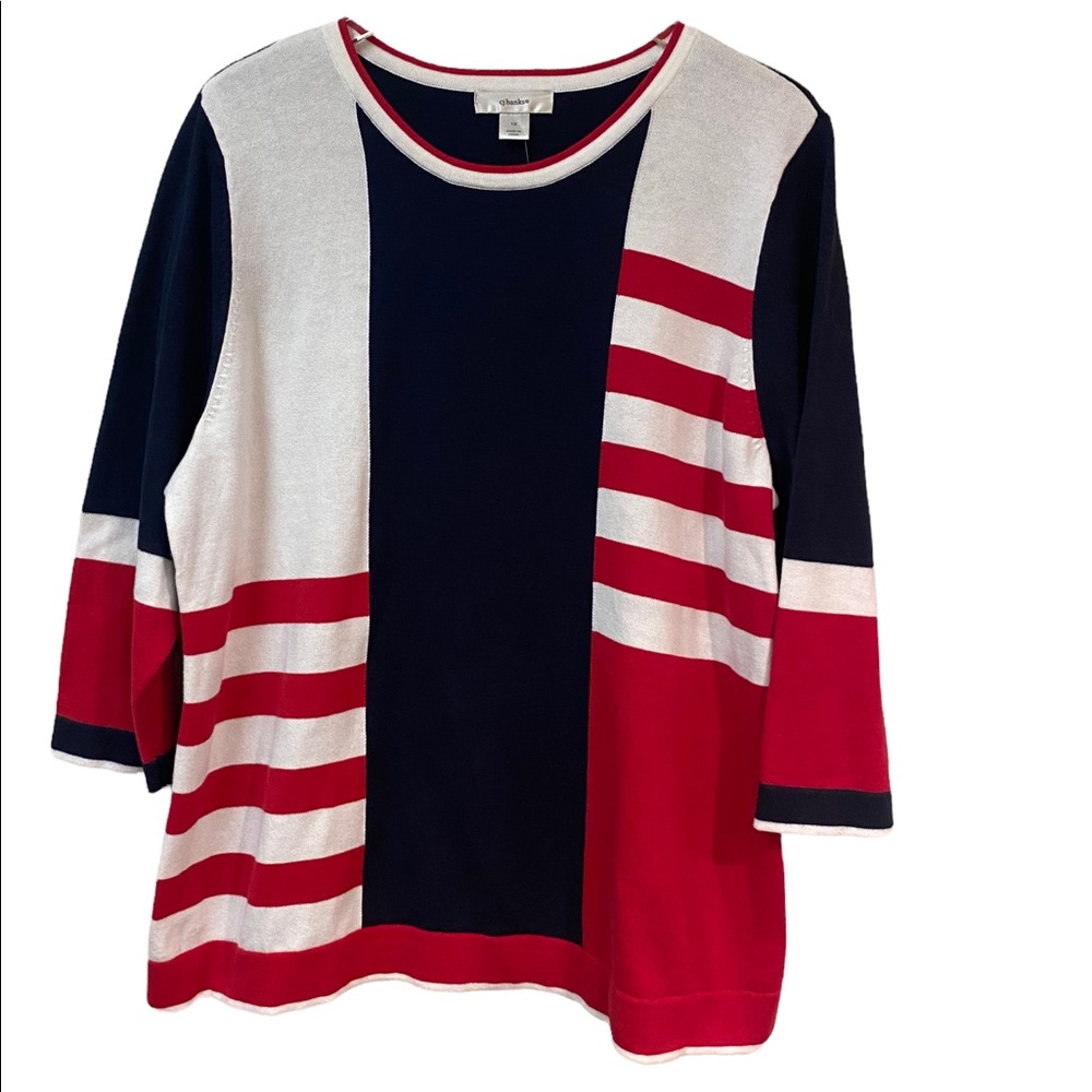 NWT CJ Banks Striped Red White & Blue 100% Cotton 4th of July 3/4 Sleeved Top 1X